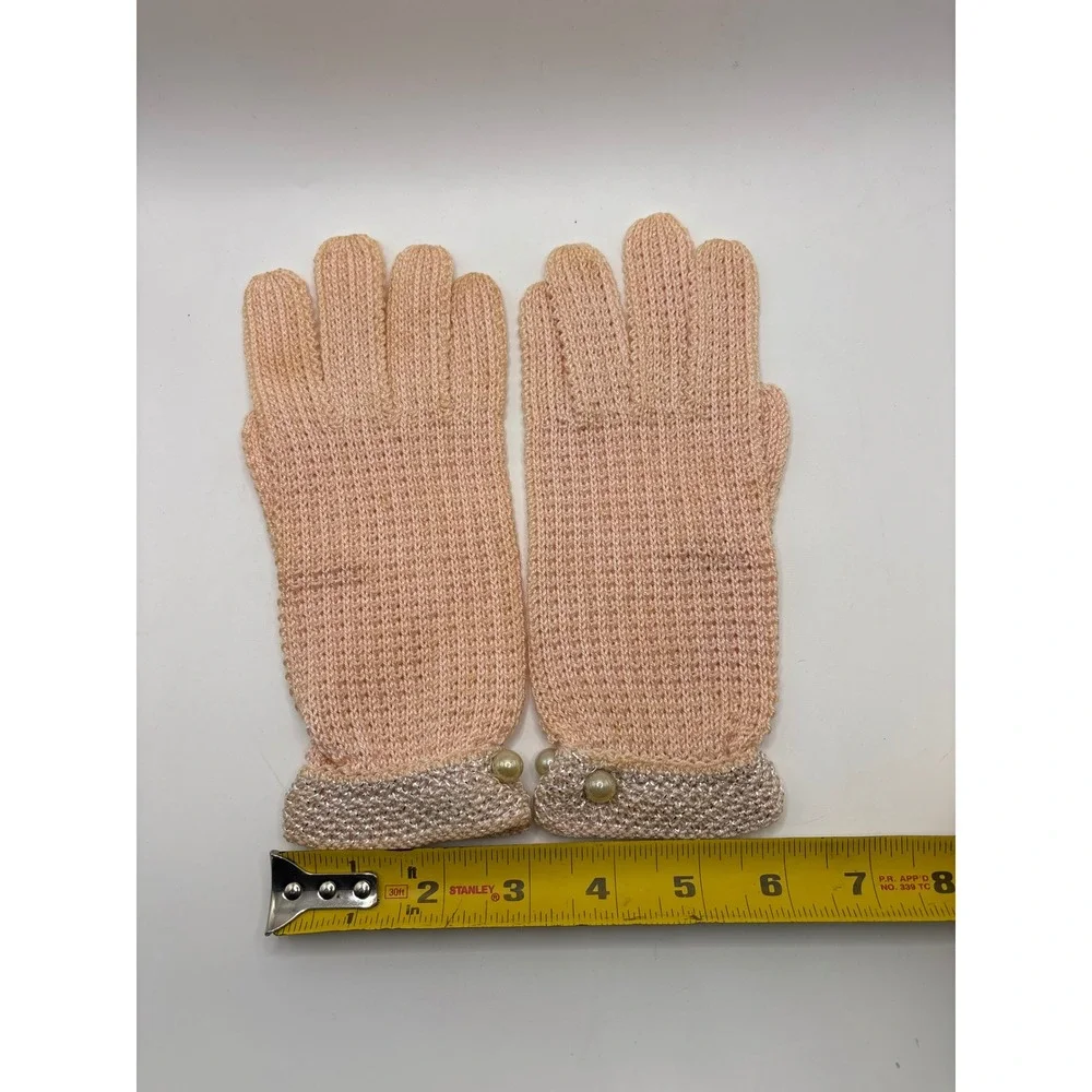 Vintage Peach Knit Gloves‎ Pearl Accents and Metallic Silver Cuffs Church Easter